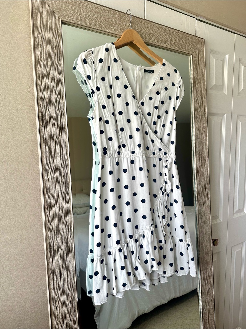 J.Crew White Navy Polka Dot V-Neck Cap Sleeve A-Line Ruffle Zip Dress 8